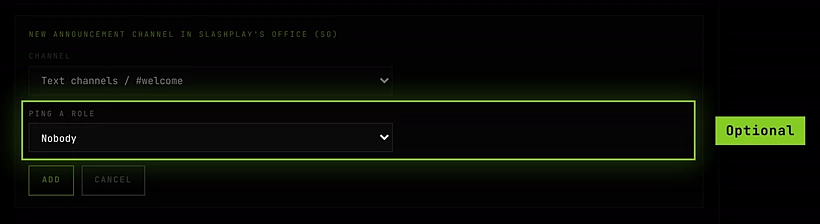 The form for a new announcement channel, with a Channel list, a Ping a role list and the Add button