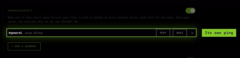 The Announcements section of a connected Discord server's card, switched on, with #general pinging a role and its Test, Edit and remove buttons
