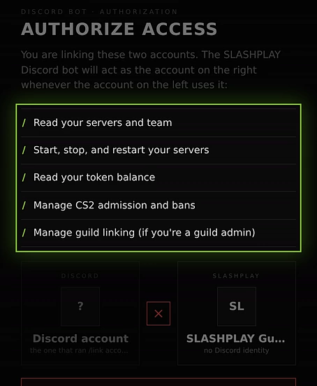 The Authorize access page listing what the bot may do as you, above the two accounts side by side