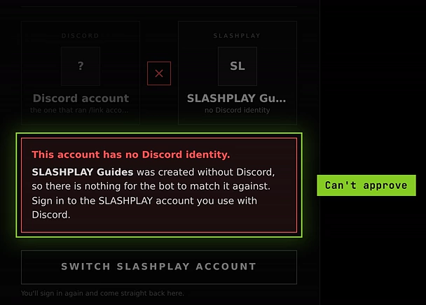 The Authorize access page for an account without Discord: This account has no Discord identity, and a Switch SLASHPLAY account button instead of Approve access