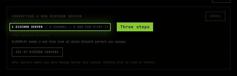 The Connecting a new Discord server box, opened with + Connect a Discord server above an existing card
