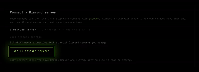 The team's Discord tab before anything is connected, with step 1 open and the See my Discord servers button
