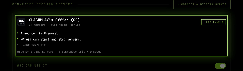 A connected Discord server's card on the team's Discord tab, with Bot online and its summary lines