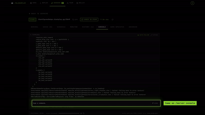 A CS2 server's Console tab on the dashboard, with the command box at the bottom