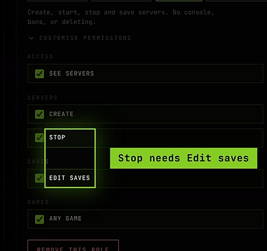 Customise permissions opened on a role, with its permission boxes grouped under Access, Servers, Saves and Games