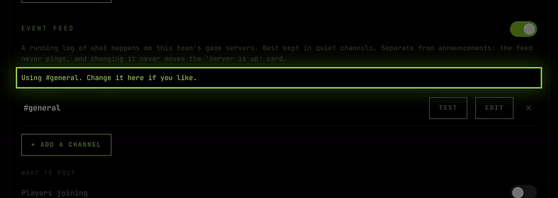 The Event feed section switched on, using the first announcement channel