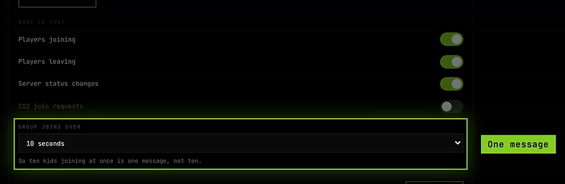 What to post, with Players joining, Players leaving and Server status changes switched on, and Group joins over set to 10 seconds