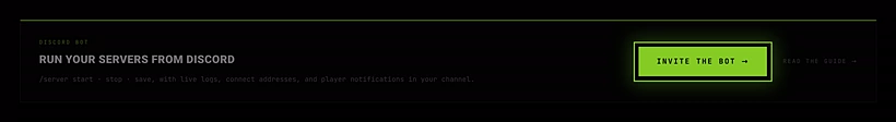 The Run your servers from Discord card on the dashboard's Home tab, with Invite the bot