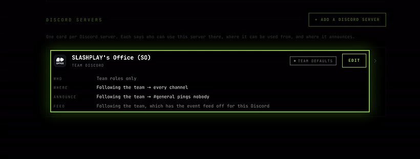 A server's Advanced, Discord tab: the summary sentence, Mute this server, and one card for the team's Discord server reading Team defaults