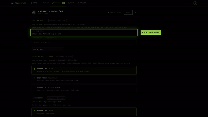 An opened card on the server's Discord tab: Who can use it is Following the team and lists what the team's roles already get