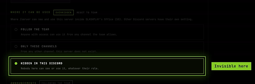 Where it can be used set to Hidden in this Discord, with the section marked Overridden