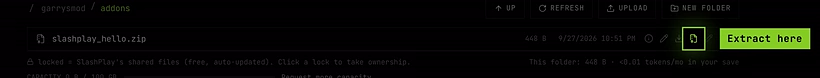 An uploaded zip in garrysmod/addons with its Extract here button