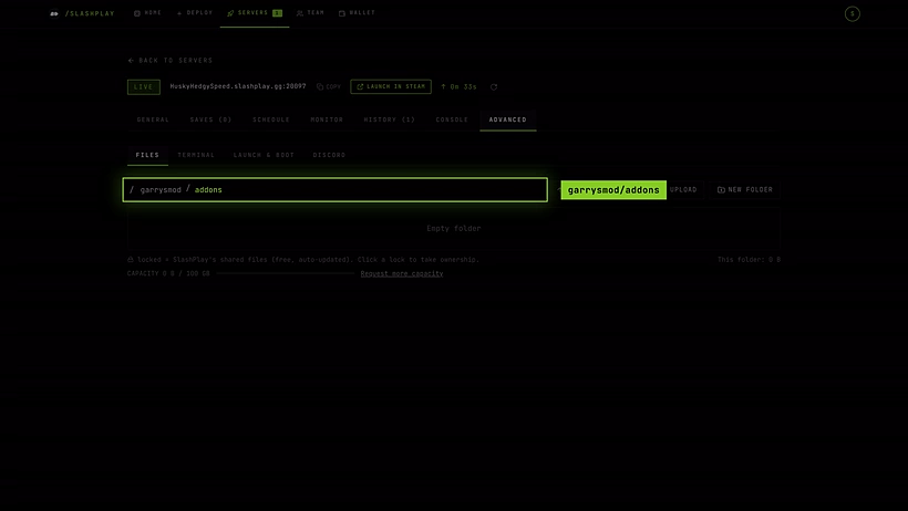 The file manager open at garrysmod/addons, still empty