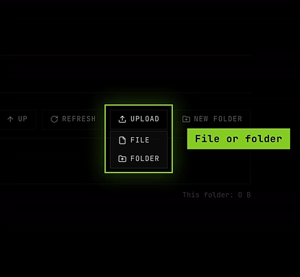 The Upload menu open, offering File or Folder