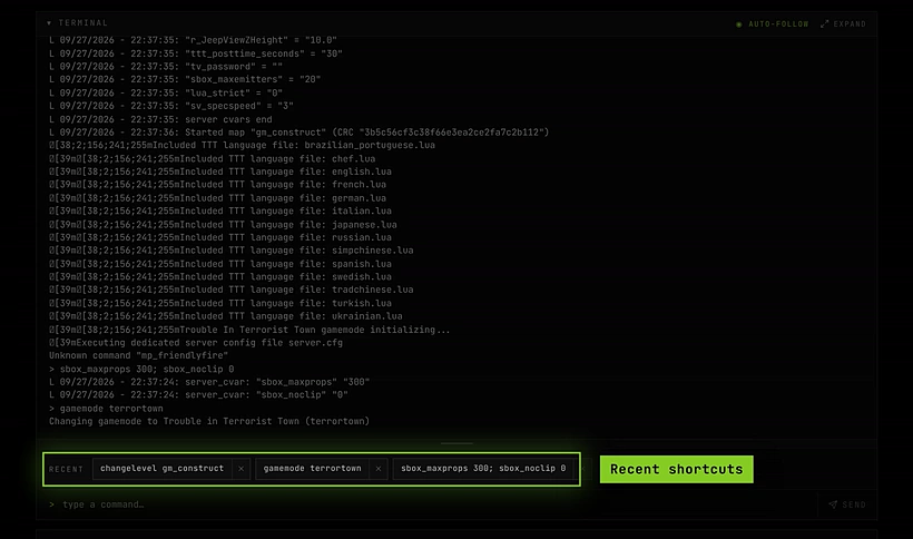 The Console tab after gamemode terrortown, with changelevel, gamemode and sbox commands under Recent