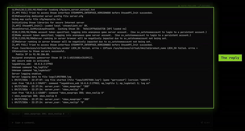 The Console tab after sbox_maxprops 300; sbox_noclip 0, with the server confirming both values