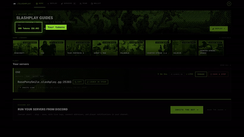 The SLASHPLAY dashboard home