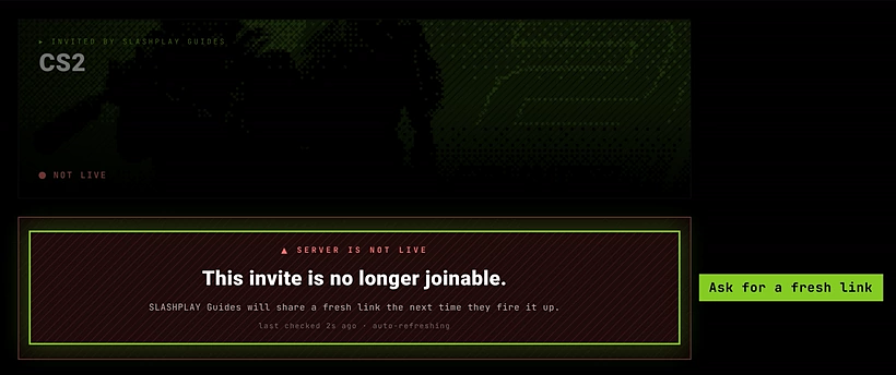 An invite page saying Server is not live and This invite is no longer joinable