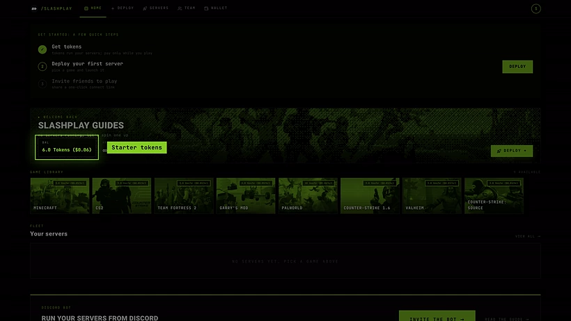 The Home tab of a new account, with 6 tokens in the balance and the Get started steps above it