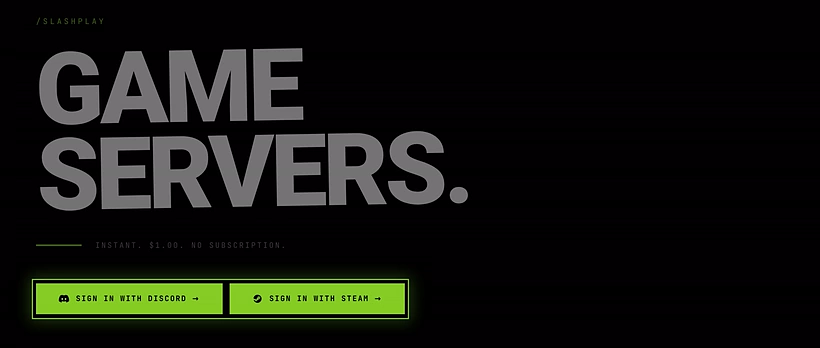 The sign-in page: the GAME SERVERS. headline with the Sign in with Discord and Sign in with Steam buttons