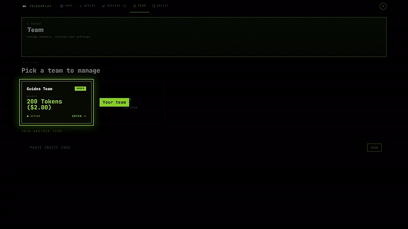 The Team tab with your team's card and the invite code box