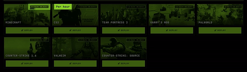 The Deploy tab: a card per game, each with its price per hour