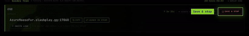 The SAVE & STOP button on a live server card