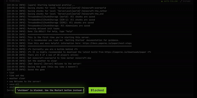The console refusing shutdown with the message: "shutdown" is blocked. Use the Restart button instead.