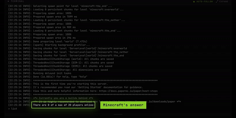 The console log showing Minecraft's reply to list: There are 0 of a max of 20 players online