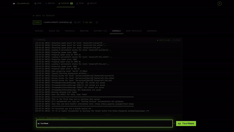 The Console tab with op YourName typed into the command box