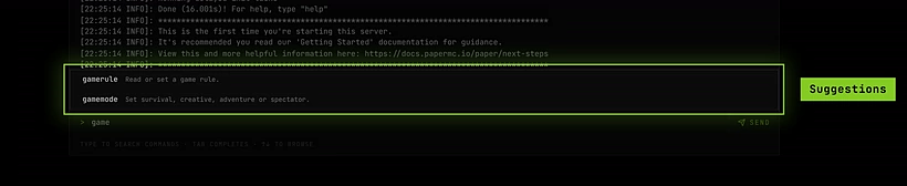 Typing game in the console shows gamerule and gamemode, each with a short description