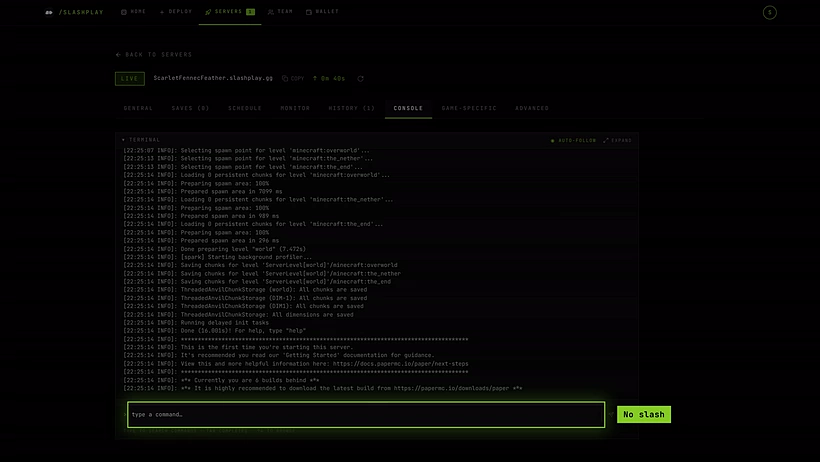The Console tab on a Minecraft server page: live output above, the command input and Send button below