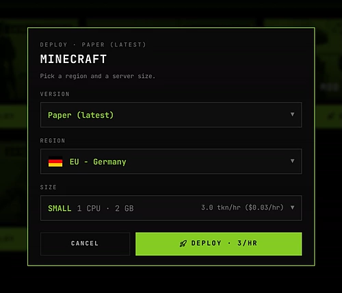 The Minecraft deploy window with Paper (latest), EU - Germany and SMALL picked