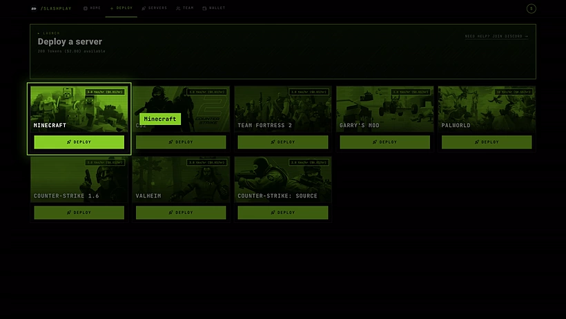 The Deploy tab with the Minecraft card highlighted