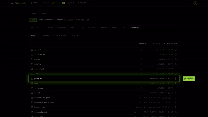 The file manager under Advanced, Files, with the plugins folder in the server's main folder