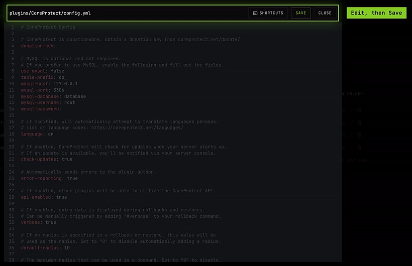 CoreProtect's config.yml open in the file manager's editor, with Save and Close at the top
