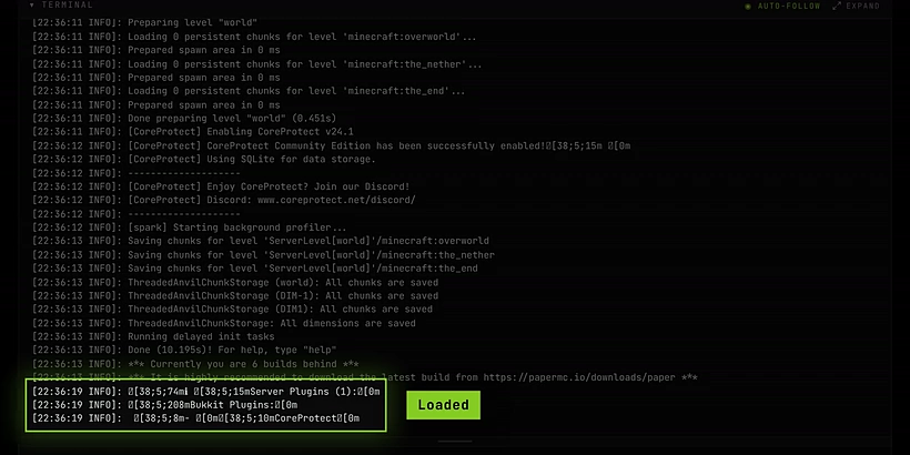 The console after typing plugins: Server Plugins (1), Bukkit Plugins, CoreProtect