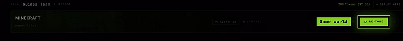 A stopped Minecraft server with the Restore button highlighted