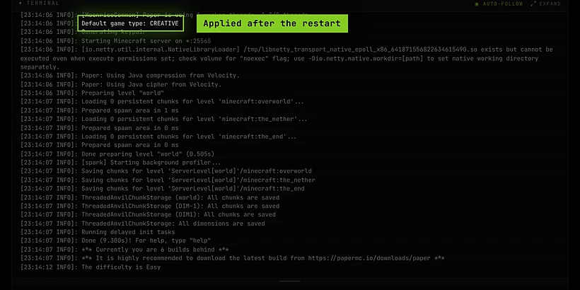 The console after the restart, showing Default game type: CREATIVE in the startup log