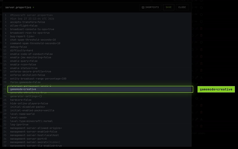 server.properties open in the editor with gamemode changed to creative and difficulty to hard