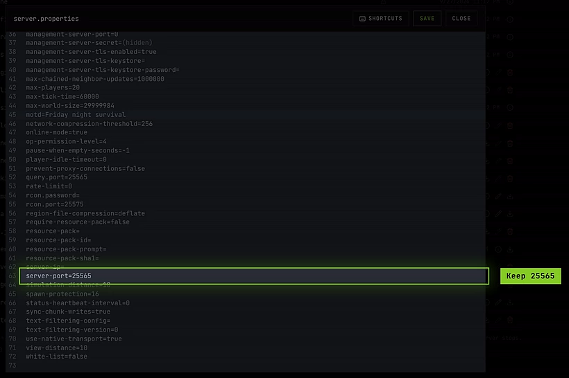 The end of server.properties in the editor, with server-port=25565 highlighted