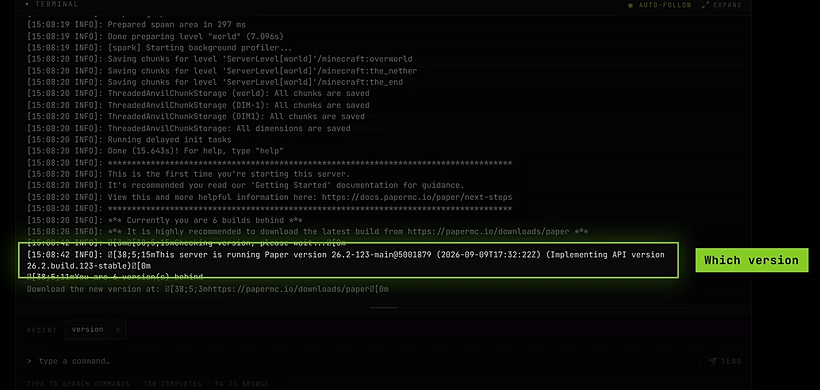 The console answering the version command with the Paper and Minecraft version
