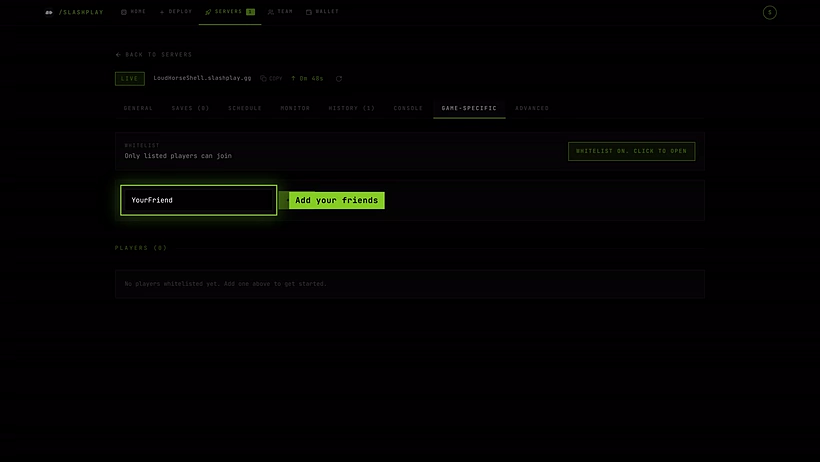 The whitelist switched on, with a friend's name typed in to add