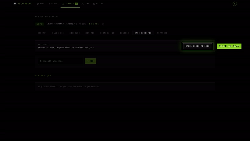 The Whitelist panel on the Game-specific tab, still open to everyone