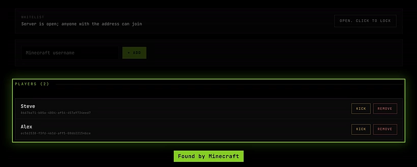 Two players under Players, each with its Minecraft ID below the name