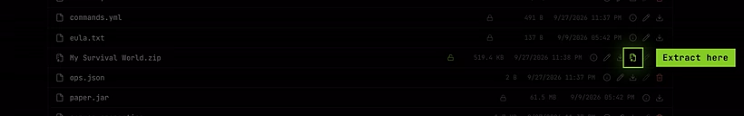 The uploaded world zip in the server's main folder, with its Extract here button