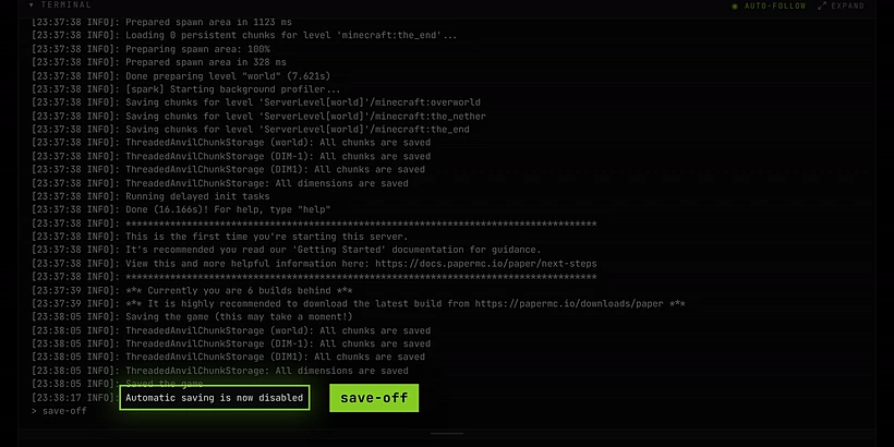 The console after save-off, showing Automatic saving is now disabled