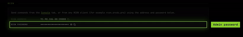 The RCON section on a Palworld server's General tab, with the RCON password hidden behind show and copy buttons