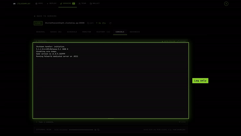 The Console tab on a Palworld server, showing the server's log