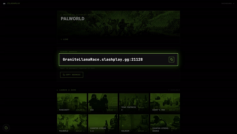 The invite page for a Palworld server, with Copy address